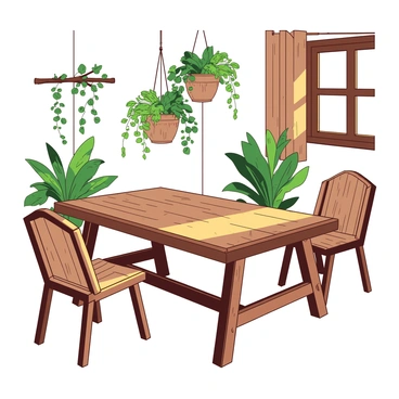 A room features natural wood furniture, including a sturdy table and comfortable chairs, all crafted from richly textured wood. Various plants are suspended from the ceiling in decorative hanging planters, their lush green leaves cascading downwards. The walls are adorned with subtle textures that complement the wooden elements, creating a harmonious and inviting atmosphere. Sunlight streams in through a window, casting soft shadows across the wooden surfaces.