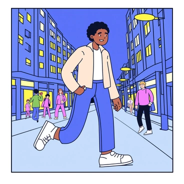 A young adult is walking along a brightly lit city street at night. The street is lined with tall buildings, each illuminated with glowing windows. The person is wearing casual clothing, including a light jacket and jeans. Their feet are positioned carefully, emphasizing the act of taking proper steps on the sidewalk. Street lamps cast a warm yellow light, creating a soft glow on the pavement. In the background, a few pedestrians are visible, but the focus remains on the young adult in motion.