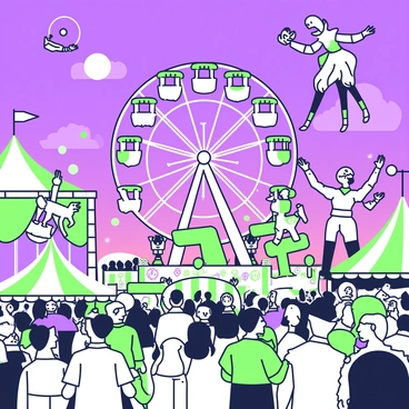 A carnival scene is set under a twilight sky filled with deep hues. In the center, there is a giant Ferris wheel, its carriages shaped like abstract sculptures. Surrounding the Ferris wheel are unusual rides, including a carousel featuring fantastical creatures instead of traditional horses. Colorful tents with stripes are scattered throughout, each one exhibiting peculiar performers. One performer is juggling glowing orbs, while another dances on stilts, dressed in a costume adorned with feathers. A crowd of visitors with varied expressions observes the entertainment, adding to the lively atmosphere of the carnival.
