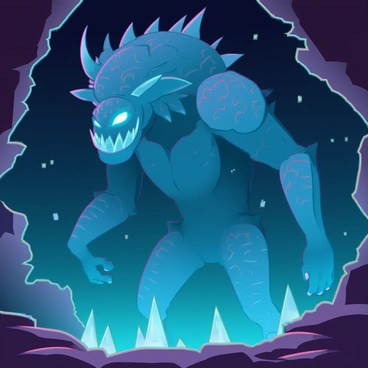 An ancient beast with rugged, scaly skin is emerging from a dark cavern. The creature has large, muscular limbs, and its body is adorned with intricate patterns resembling ancient runes. Its glowing eyes are bright and piercing, illuminating the surrounding area with an eerie light. The cavern walls are damp and rocky, with small crystals reflecting the glow from the beast's eyes. There are shadows cast by the creature's imposing figure, creating a dramatic atmosphere as it rises from its long slumber.