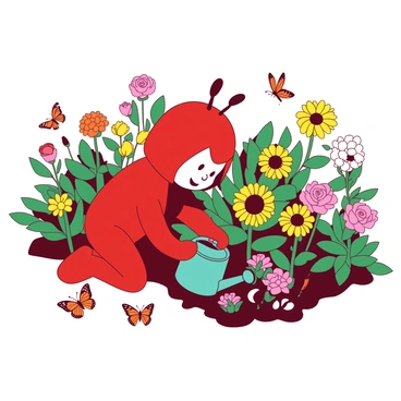 A red Jollibee character is kneeling down in a vibrant flower garden filled with various colorful blooms. The garden features a mixture of bright yellow sunflowers, delicate pink roses, and cheerful orange marigolds. The Jollibee character is gently watering the flowers with a teal watering can, careful to nurture each plant. Surrounding the character, butterflies flutter among the flowers, adding movement to the scene. Behind the garden, there are green leafy plants providing a lush backdrop, enhancing the beauty of the garden.