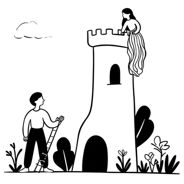 A tall, spiraling tower stands against a backdrop of trees and a clear sky. At the base of the tower, a young prince in a tunic holds a rope ladder, gazing upward. His attention is drawn to a cascade of long, flowing hair that hangs from a window high above. A beautiful young woman is leaning out of the window, her hair cascading down like a waterfall. Surrounding them, lush greenery and wildflowers add detail to the scene. The composition captures the moment of their first encounter, filled with anticipation and wonder.