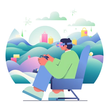 A gamer with short black hair and wearing a sleek VR headset is fully immersed in a virtual reality game world. The environment around them consists of vibrant digital landscapes filled with rolling hills in shades of blue and green, along with futuristic structures that glow with neon lights. The gamer is in a gaming chair, hands holding controllers with colorful buttons. Above, a sky filled with digital clouds and floating geometric shapes enhances the immersive experience. The scene conveys a sense of excitement and adventure.