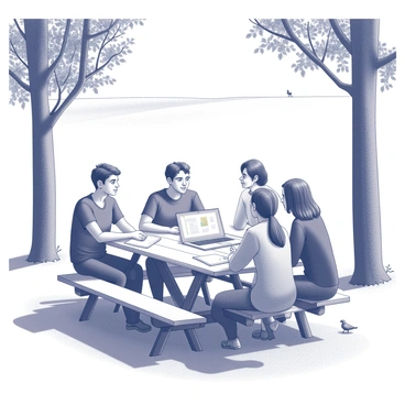 A group of five people is gathered around a picnic table in a park setting. Each person is engaged in discussion, with some taking notes on notepads. The table is covered with papers and a laptop, indicating a collaborative effort. Tall trees surround the area, casting shadows on the ground, while a few birds can be seen perched on nearby branches. In the background, a grassy field stretches out, and there is a clear, open sky above, suggesting it is a sunny day.