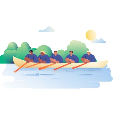 A crew of six individuals with diverse skin tones is rowing a sleek wooden boat in perfect sync. Each member is focused, with determined expressions on their faces, as they pull their oars through the shimmering water. They are dressed in matching navy blue uniforms, with the boat gliding smoothly over the waves. The oars create small ripples in the water, and the sun casts gentle reflections on the surface. In the background, there are lush green trees lining the shore, indicating a beautiful natural setting. The sky is clear, and the overall atmosphere conveys teamwork and determination towards their common destination.