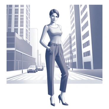A contemporary model standing confidently in an urban environment. The model is wearing a modern, minimalist outfit that consists of a fitted, sleeveless top and tailored trousers. The outfit features clean lines and a simple silhouette. The backdrop includes tall buildings with straight edges and large windows, and there are hints of city life, such as a crosswalk and distant vehicles. The setting is bustling yet conveys a sense of sophistication and style. The model's posture reflects poise and fashion-forward thinking in this dynamic scene.