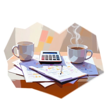 A wooden desk filled with various items related to margin calculations. In the center, there is a silver calculator with visible buttons and a small digital display. Scattered around the calculator are several sheets of paper covered in handwritten notes and calculations, some with graphs and figures. To one side, a white ceramic coffee mug sits, with steam rising gently from its opening, suggesting a warm beverage inside. The overall arrangement conveys a sense of focused work and analysis.