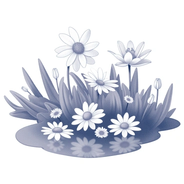 A collection of various blooming flowers arranged in a natural composition on a pond's surface. The flowers include lilies and daisies, each with distinct petal shapes and sizes. The pond water is smooth, reflecting the flowers and the surrounding environment. There are gentle ripples around the flowers, indicating subtle movements in the water. The scene is framed by lush green foliage and the edges of the pond, creating a natural setting for the floral display.