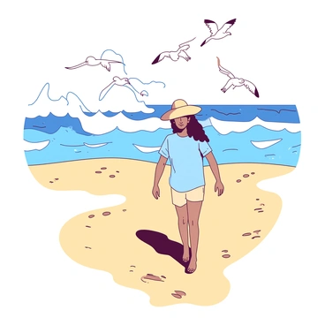 A person is walking along a sandy beach, leaving footprints in the golden sand. The person is wearing a light blue shirt and beige shorts, with a wide-brimmed hat shielding their face from the sun. Around them, several white seagulls are flying above, some perched on the sandy ground while others are diving towards the water. In the background, the ocean waves are crashing against the shore, creating white foam as they break. The sky is bright and clear, adding vibrancy to the scene.