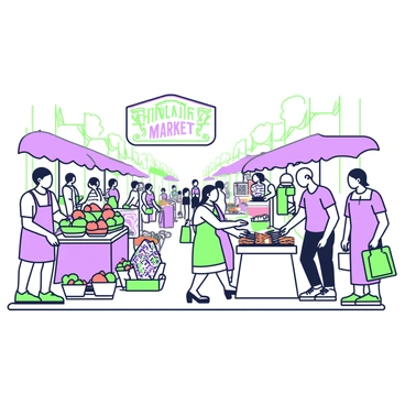 A bustling market street filled with vendors at their stalls. On the left, a vendor is selling vibrant fruits stacked in baskets, including apples and oranges. Next to him, a woman is showcasing colorful textiles draped over her table, with intricate patterns that attract the attention of passersby. Further down the street, a man is grilling skewers over an open flame, with the aroma wafting through the air. There are various people walking, shopping, and interacting, with bags in hand. A colorful sign hangs above the street, indicating the name of the market. The scene is lively and filled with activity.