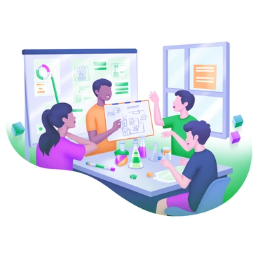 A classroom filled with bright, natural light where several students are gathered around a large table. They are actively discussing and sharing ideas for their science project. One student is holding a notebook with sketches of their project while another is pointing to a colorful poster displaying scientific concepts. Various materials like beakers, test tubes, and charts are scattered on the table. Pencils and colored markers are also visible, indicating a creative environment. The students exhibit diverse ethnic backgrounds, showcasing a collaborative and inclusive atmosphere. Each student is engaged and contributing to the discussion, reflecting a vibrant learning experience.