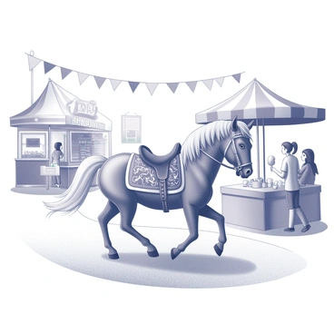 A pony is walking along a path in a carnival setting. The pony has a festive saddle adorned with intricate patterns and embellishments. Surrounding the pony are various carnival attractions, including ticket booths and game stalls. Colorful banners and flags are strung above the ground. People are visible in the background, enjoying the activities, with some holding cotton candy. The ground is covered with various carnival decorations that enhance the lively atmosphere.