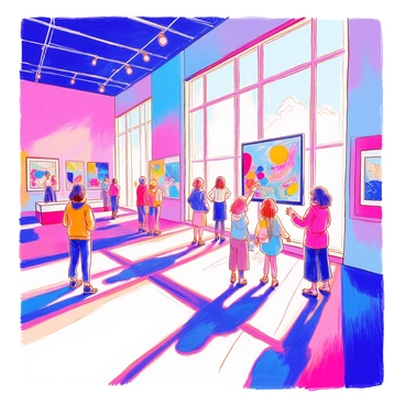 A museum interior features a spacious gallery filled with interactive exhibits. The walls are adorned with various artworks, some framed and others displayed on digital screens. Visitors are actively engaging with the exhibits, using gestures to change the artworks. One visitor stands in front of a large canvas, reaching out with a hand, while colors swirl and transform in response. Another visitor is touching a digital tablet that displays a sculpture, and it morphs into different shapes. The floor is polished and bright, reflecting the vibrant colors of the art. Natural light pours in through large windows, illuminating the space.