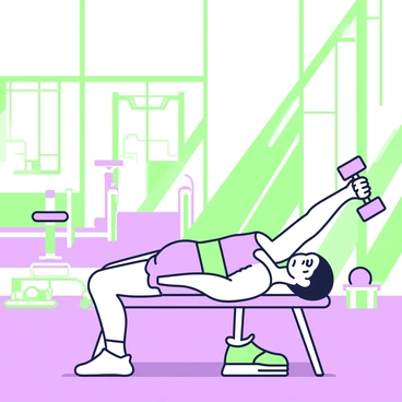 A gym interior with high ceilings and large windows, allowing sunlight to pour in and create dramatic shadows across the room. In the center, a person is lying on a bench, performing a dumbbell pullover. The individual has focused facial expressions, demonstrating effort, with sweat beads forming on their forehead. The person is dressed in a fitted tank top and athletic shorts, showcasing their physique. The dumbbells are held above their head, with arms extended, while their feet are firmly planted on the ground. Various gym equipment is arranged in the background, including benches and free weights. The shadows cast by the equipment add depth and emphasize the intensity of the workout.