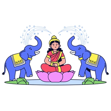 A depiction of "Goddess Lakshmi" with a serene expression, adorned in a traditional red and gold sari. She is seated gracefully on a lotus flower, surrounded by lush greenery. Two elephants on either side of her are spraying water upward with their trunks. The water droplets glisten in the light, creating a sparkling effect around her. The elephants are decorated with intricate patterns on their skin and vibrant colored blankets. The scene radiates a sense of abundance and prosperity.