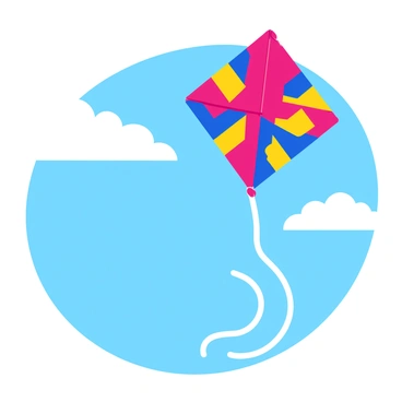 A colorful kite with a diamond shape is being pulled sharply by a strong wind. The kite features bright red, blue, and yellow patterns across its surface. The string connecting the kite to the ground is taut and slightly bending in response to the force of the wind. The kite is positioned high in the sky against a clear blue backdrop, with a few fluffy white clouds scattered around. The tail of the kite streams behind it, fluttering wildly in the wind.