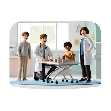 A friendly doctor with short brown hair and a white lab coat is kneeling beside a small examination table in a well-lit exam room. The doctor is smiling warmly as he interacts with a young child, who has curly hair and is sitting on the table, looking curious. The child is wearing a colorful t-shirt and has a toy in their hand. Next to the child stands a parent with a concerned expression, wearing a casual top. The walls of the exam room are painted in soft pastel colors, and there are posters of healthy habits displayed. A stethoscope hangs around the doctor's neck, and there is medical equipment like a blood pressure monitor and a chart on a nearby desk.