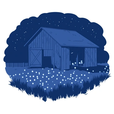 A rustic barn with weathered wooden planks stands under a dark sky filled with stars. The barn doors are slightly ajar, revealing faint light spilling out from within. In front of the barn, a vast field filled with flickering fireflies illuminates the scene with soft, glowing points of light. The grass is lush and slightly bent by a gentle breeze, and a wooden fence encircles the area, adding to the rustic charm. The overall atmosphere is tranquil and inviting, with the fireflies dancing in the night air.
