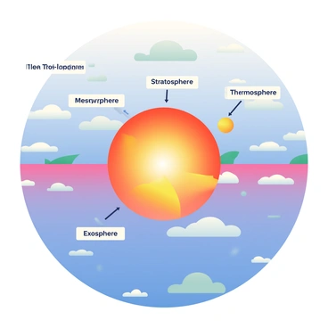 An illustration depicting the layers of Earth's atmosphere is centered on the image. The layers are labeled, showing the Troposphere, Stratosphere, Mesosphere, Thermosphere, and Exosphere in ascending order. The Thermosphere is prominently highlighted in vibrant colors such as bright orange, red, and yellow, making it stand out among the other layers which are depicted in cooler tones like blue and purple. The background features a subtle gradient that transitions smoothly from deep space black to light blue, simulating the view from the surface of the Earth looking upward into the sky. Each layer of the atmosphere has a slight texture to illustrate the differences in air density and composition.
