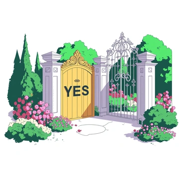 Two ornate gates stand in a lush garden filled with vibrant flowers and greenery. The gate on the left is a striking gold color, elegantly designed, and features the word "Yes" prominently displayed in a bold, ornate font at its center. The gate on the right is a shiny silver, equally intricately crafted, with the word "No" also in a bold, ornate font at its center. The garden is illuminated by soft sunlight, casting gentle shadows on the ground, highlighting the beauty of the gates and the surrounding flora.