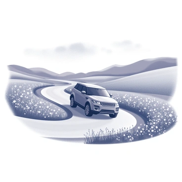 A Range Rover is driving along a winding country road. The vehicle is positioned on the right side of the road, showcasing its sleek design. The road curves gently, bordered by a variety of wildflowers on both sides. The flowers are dense and vibrant, creating a natural frame for the vehicle. The surrounding landscape features rolling hills in the background, adding depth to the scene. The sky above is partially cloudy, casting soft shadows on the ground.