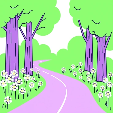 A forest path runs through a clearing, flanked by tall trees. On both sides of the path, clusters of daisies are blooming, their white petals contrasting with the green foliage. The sunlight filters through the branches above, creating patterns of light and shadow on the ground. The trees have thick trunks and are covered with green leaves, adding depth to the scene. Along the edge of the path, there are patches of lush grass intertwined with the daisies.