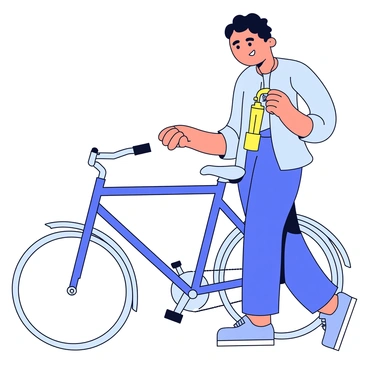A person is standing next to a bicycle, holding a hand pump to inflate a tire. The pump is positioned against the valve of the tire, and the person is applying pressure downwards to force air into the tire. The bicycle has a shiny metallic frame and two wheels, with one tire visibly expanding as the air is pumped in. The person's arms are slightly bent, showing effort as they push the pump. The scene is simple and focuses on the interaction between the person and the bicycle tire.