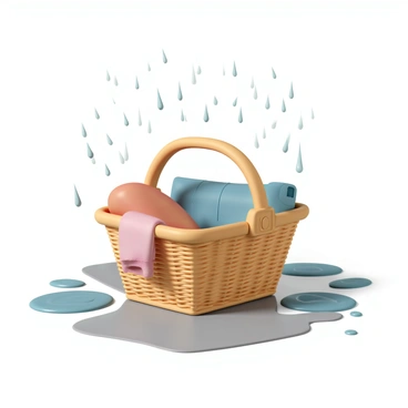 A laundry basket made of woven wicker, sitting on a wet concrete surface. The basket is partially filled with a few colorful pieces of clothing, including a red shirt and blue jeans. Rain is steadily falling, creating small splashes as it hits the surface around the basket. The basket has droplets of water collecting on its edges, shimmering as they catch the light. Surrounding the basket are puddles forming on the ground, reflecting the gray clouds above.