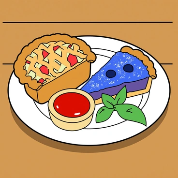 A round white plate filled with an assortment of colorful pied desserts. There are three distinct desserts: one is a golden-brown apple pie with a shiny crust and apple slices peeking through the lattice top, the second is a vibrant blueberry pie topped with a sprinkle of powdered sugar, and the third is a small cherry tart with a shiny red glaze. Each dessert is placed carefully on the plate, with a delicate mint leaf positioned beside the cherry tart. The plate is resting on a polished wooden table, enhancing the gourmet presentation of the desserts.