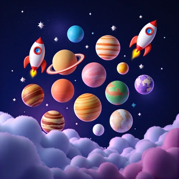 A cosmic-themed slide featuring a vibrant array of colorful planets, each with unique surface textures and patterns. There are twinkling stars scattered across a deep blue and purple galaxy backdrop. Additionally, multiple rockets of varying designs are launching into the space scene, trailing streams of bright exhaust flames. The overall composition is dynamic and filled with a sense of adventure.