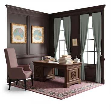 A Victorian-era study with elaborate dark wood paneling and a large wooden desk positioned at the center of the room. The desk is intricately carved and covered with stacks of aged books, a quill pen, and an inkpot. On the walls, several antique maps are hung, framed in ornate gold frames, depicting different regions of the world. The floor is adorned with a richly patterned oriental rug that complements the decor. A plush, high-backed armchair is placed next to the desk, inviting one to sit down and explore the treasures of knowledge. A large window with heavy drapes allows soft light to filter into the room, enhancing the warm ambiance.