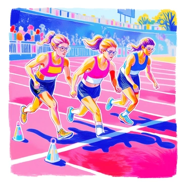 A group of runners is crouched low at the starting line, their muscles coiled and ready for action. Each runner displays a unique athletic outfit; one wears a bright red tank top and black shorts, while another is dressed in a blue jersey and white leggings. The runners have focused expressions on their faces, their eyes locked forward down the track. The starting line is marked with white chalk, and colorful cones line the edges of the track. In the background, spectators can be seen, eagerly anticipating the race to start.