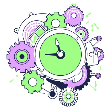 A close-up view of a clock showcasing its intricate gears and mechanisms in motion. The clock's main gear is prominently displayed, with several smaller gears meshing seamlessly with it. Each gear features precise tooth patterns, reflecting craftsmanship. Springs and levers are visible, adding to the complexity of the machinery. The background slightly blurs, emphasizing the detailed interplay of the moving parts within the clock. Soft light highlights the metallic textures and shadows created by the gears.