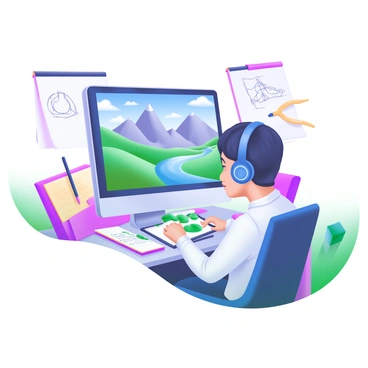 A designer sitting at a modern desk, working on a computer with a large monitor displaying a vibrant, detailed 3D model of a fantasy landscape. The landscape features towering mountains, lush green valleys, and a sparkling river winding through it. Surrounding the computer are various design tools, including a drawing tablet, colored pens, and sketchbooks filled with preliminary sketches. The designer, focused and wearing headphones, has a notepad beside them with notes and ideas for their project. Soft ambient lighting creates a comfortable workspace atmosphere.