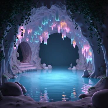 A mystical cave with walls adorned with vibrant shimmering crystals reflecting light in various colors. The cave features a central pool of clear water, perfectly still, mirroring the glimmering crystals above. Stalactites hang from the cave ceiling, and patches of glowing moss can be seen on the rocky ground, adding to the enchanting atmosphere. The entrance to the cave is partially obscured by dense vines, suggesting a hidden, secretive location.