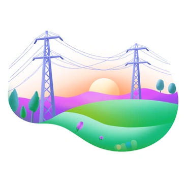 A rural landscape featuring rolling hills and fields. In the foreground, there are patches of green grass and wildflowers. Towering power lines stretch across the scene, creating a dramatic silhouette against the vibrant colors of the sunset. The sky is filled with shades of orange, pink, and purple as the sun dips below the horizon. In the distance, a few trees are visible, adding depth to the scene. The overall composition captures the contrast between nature and infrastructure.