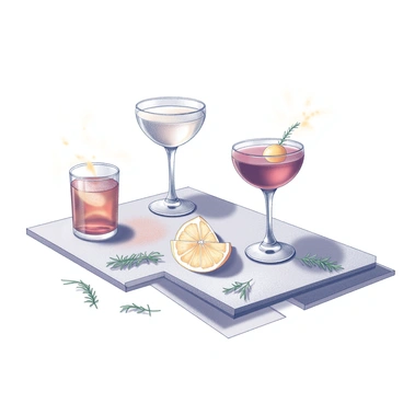 A variety of cocktail ingredients are arranged on a flat surface. There are three distinct glasses, each filled with different components of a negroni. One glass holds a transparent liquid, another contains a red liquid, and the third features an amber liquid. Surrounding the glasses, there are scattered garnishes, including slices of orange and sprigs of herbs. The ingredients appear as if they have been splashed across the surface, creating dynamic movement and interaction between the glasses and garnishes.