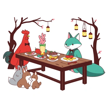 A red rooster wearing a small bow tie stands proudly at the head of a long wooden table set for a banquet. The table is adorned with an assortment of colorful dishes, including fruits and vegetables. A teal fox sits at the other end of the table, elegantly dressed in a tiny waistcoat, smiling as it addresses their woodland friends. Surrounding the table are various animals, including a brown rabbit and a grey squirrel, all enjoying the festive atmosphere. Lanterns hanging from branches light up the scene, casting a warm glow over the gathering.