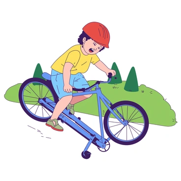 A small child with a bright red helmet is riding a blue bicycle, leaning dangerously to one side as they are about to tip over. The child has short brown hair and is wearing a yellow shirt and denim shorts. One foot is lifted off the pedal, and their arms are stretched out to maintain balance. The background features a grassy park with a few trees in the distance, adding to the playful atmosphere of the scene.