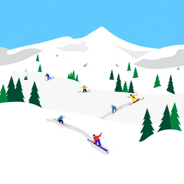 Mont Ventoux covered with a thick layer of white snow. The mountain has a bright blue sky above, contrasting with the white landscape. Several skiers are seen navigating the slopes, wearing colorful winter gear like red, blue, and yellow jackets. Some skiers are making sharp turns in the snow, while others are in a relaxed stance, enjoying the ride. There are tall pine trees scattered throughout the lower parts of the mountain, with snow clinging to their branches. In the distance, the summit of Mont Ventoux rises sharply against the sky, adding to the majestic winter scene.