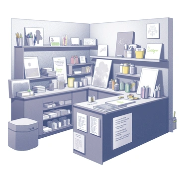 An art supply shop filled with a variety of tools and materials designed for aspiring illustrators. The shop features shelves lined with sketchbooks, pencils, brushes, and paints. Various canvases and drawing pads are displayed prominently, showcasing different sizes and textures. A wooden counter displays colorful markers and specialty pens, while a bulletin board nearby offers information about local art workshops. The lighting creates an inviting atmosphere, illuminating the myriad of creative supplies scattered throughout the shop.