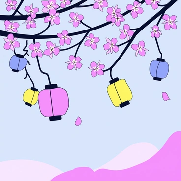 A cluster of colorful paper lanterns hanging from thin branches of cherry blossom trees. The lanterns are various shapes, including round and oval, and they emit a soft, warm glow as dusk settles in. The delicate pink cherry blossoms are in full bloom, with some petals gently drifting down. The background features a fading light sky transitioning from blue to deep purple, creating a peaceful atmosphere.