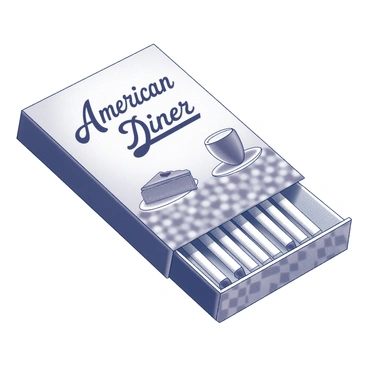 A vintage matchbook with a classic rectangular shape, featuring a glossy cover. The front displays "American Diner" in bold, retro typography at the top, along with decorative graphics reminiscent of the 1950s diner culture, such as a stylized coffee cup and a slice of pie. The background is adorned with subtle checkered patterns, typical of diner interiors. The spine of the matchbook is slightly visible, holding several matchsticks inside. The overall design conveys a nostalgic feel, evoking memories of diners from a bygone era.