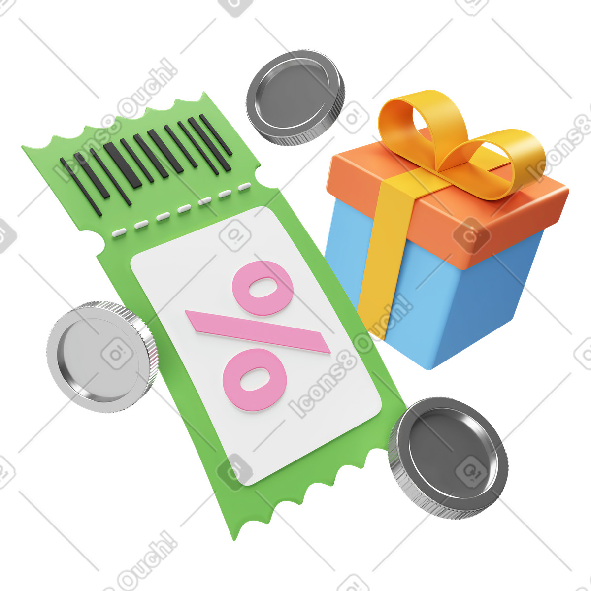 Ilustração de Cupom desconto com caixa presente em no estilo 3D Corporate para baixar em PNG, SVG
