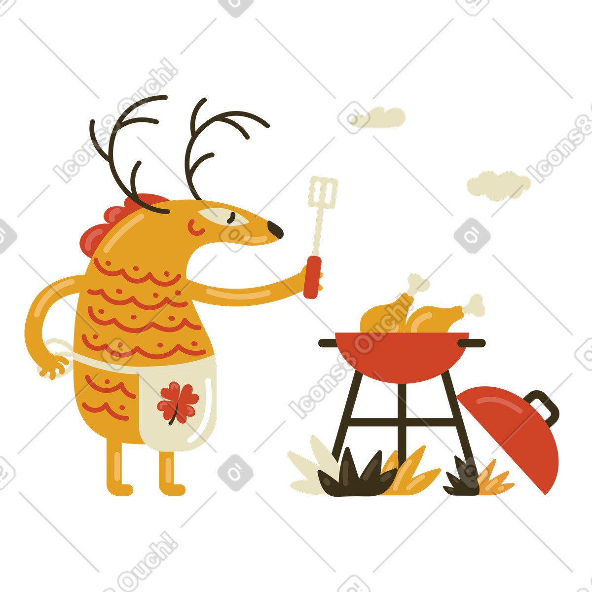 Deer grilling chicken legs outside illustration in PNG, SVG