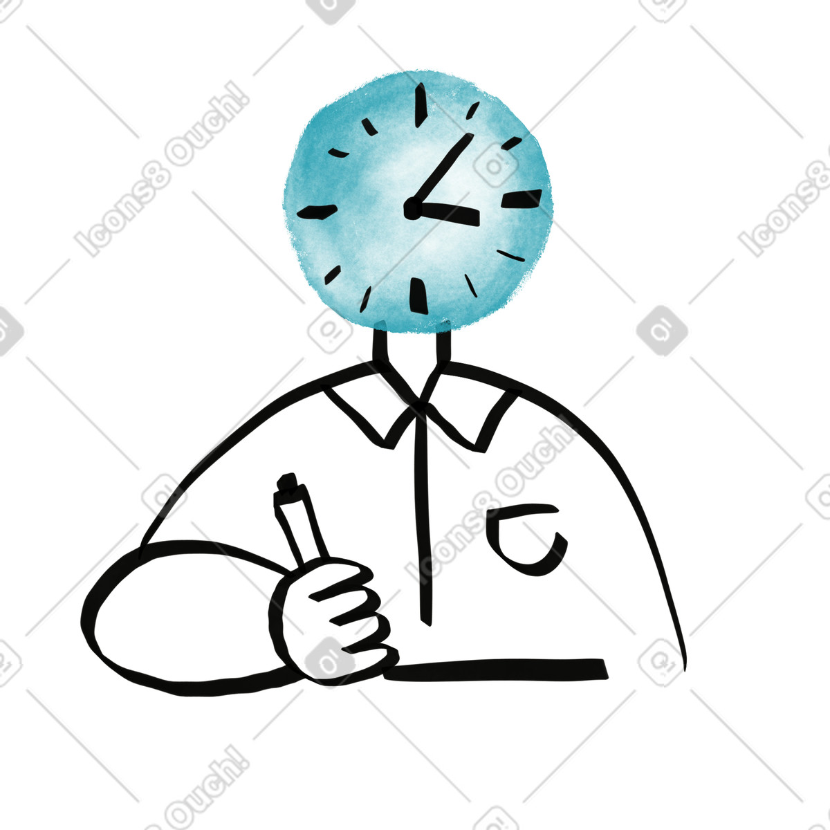 Watercolor sketch スタイルの Clock head character holding pen symbolizing time management reminder concept のイラストをPNG、SVG形式でダウンロード