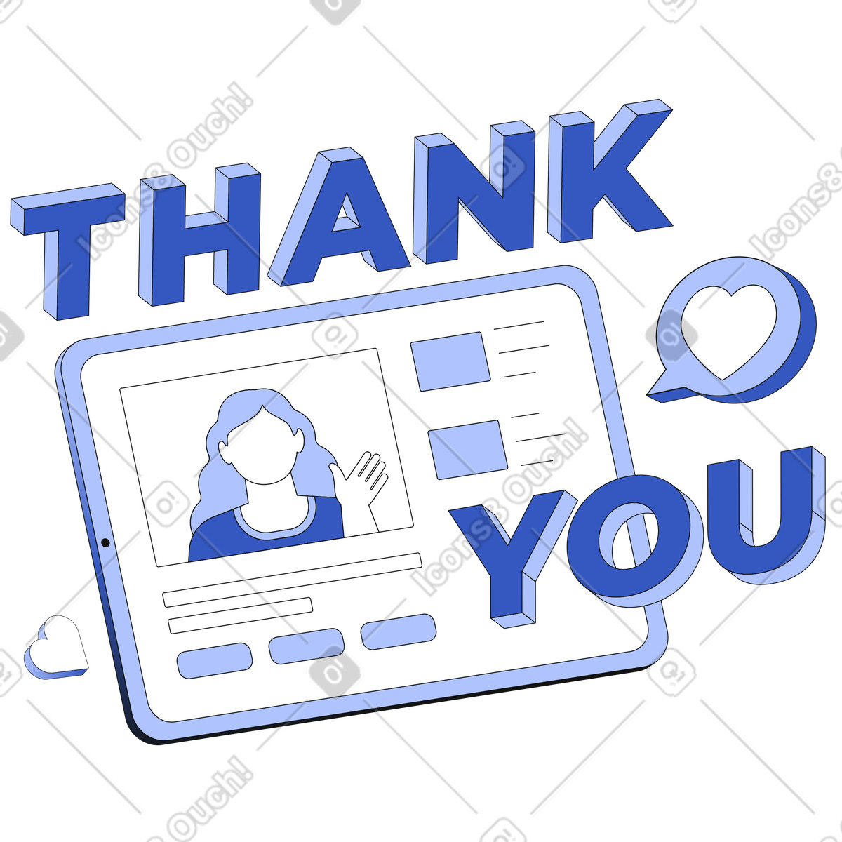 Thank You text with tablet and hearts sign Lettering animated illustration in GIF, Lottie (JSON), AE