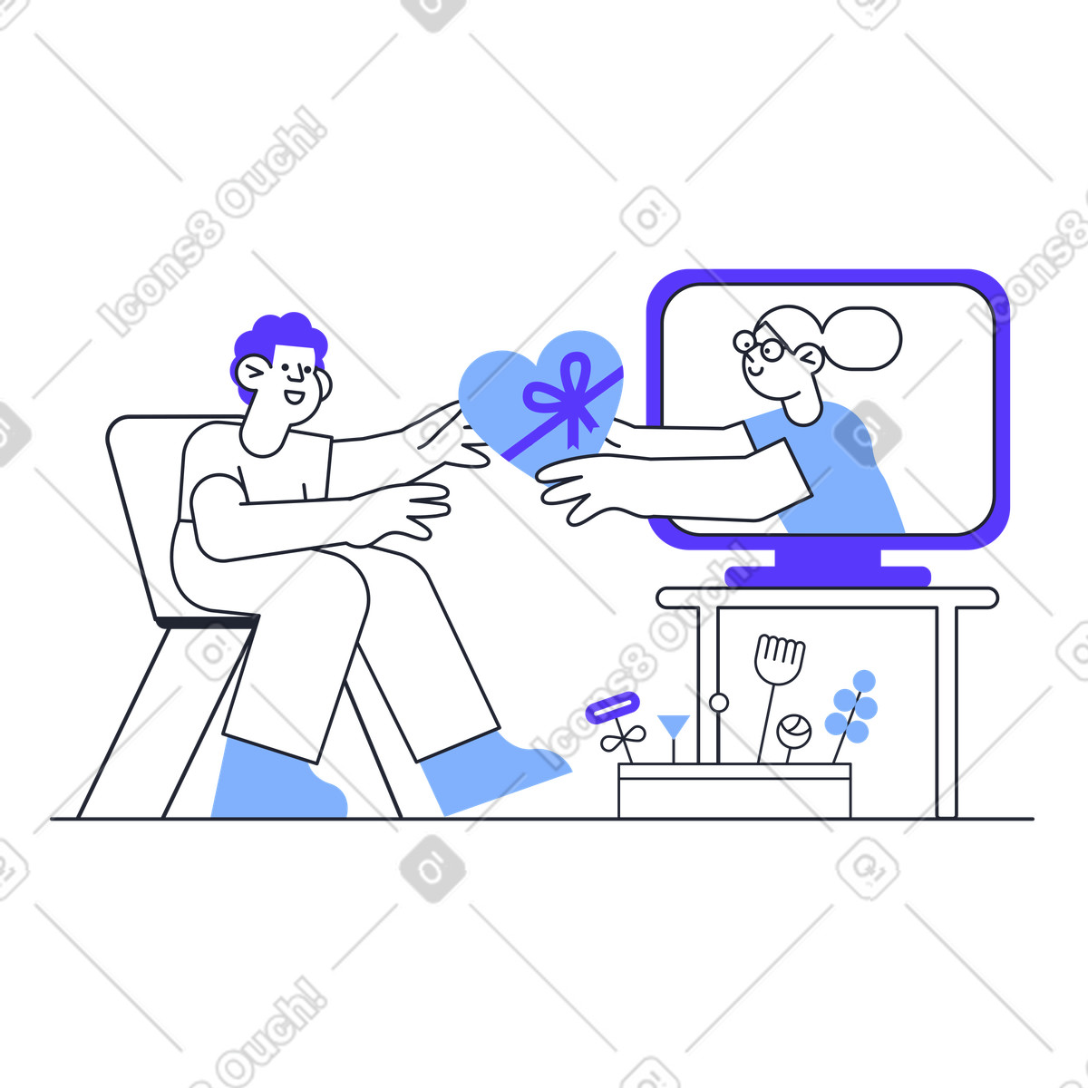 Ilustración Mujer, en, computadora, dar, en forma de corazón, presente, a, hombre estilo Pablita a descargar PNG y SVG