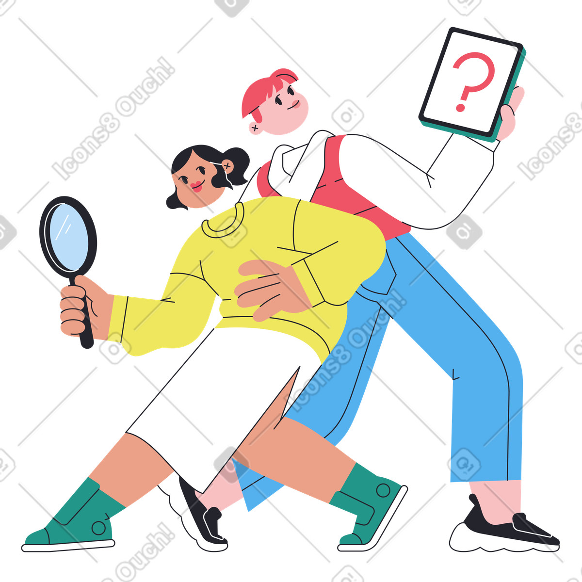 Man and woman teaming up for the search illustration in Boba style download in PNG, SVG