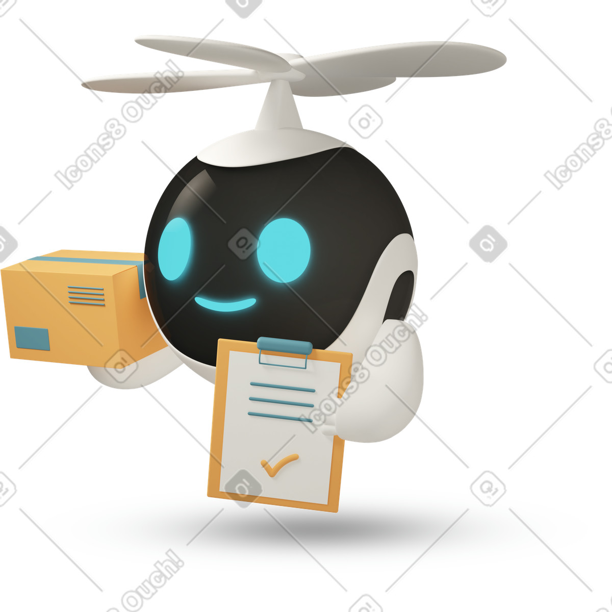 Ilustración animada Robot drone carrying mail package and clipboard, contactless delivery system en estilo 3D Casual life a descargar en GIF, Lottie (JSON), AE